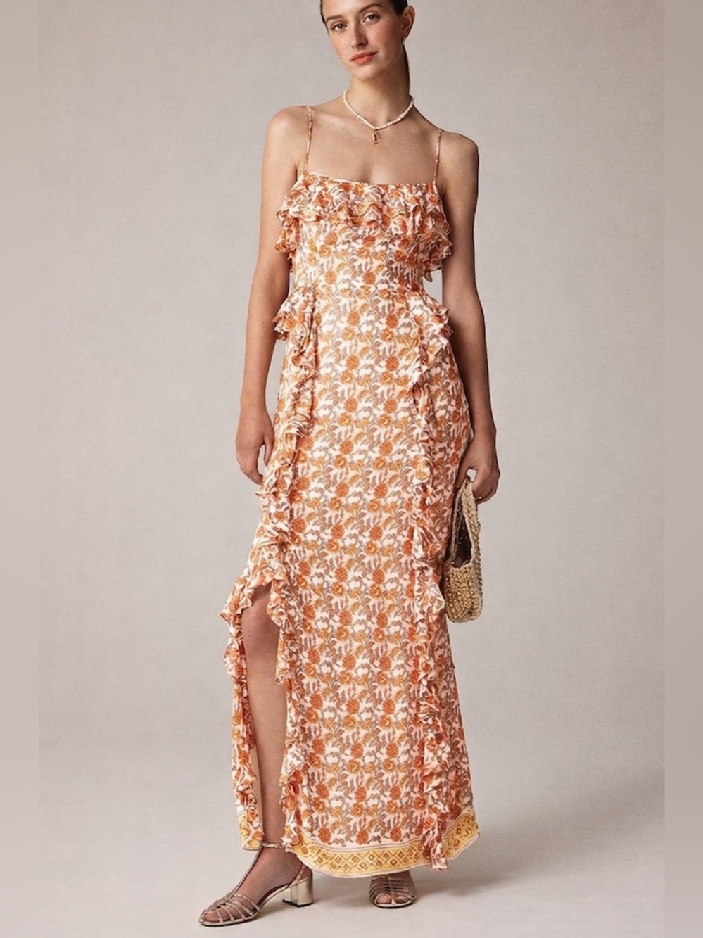 J. Crew Cascading Ruffle Maxi Dress Spaghetti Strap Paisley Print Side Slit 6